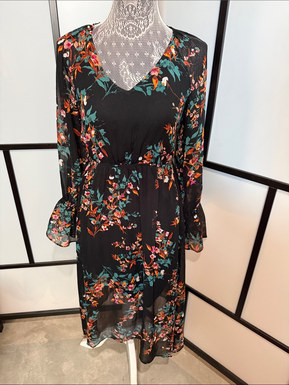 a.n.a Black Floral V-Neck Midi Dress with Teal and Coral Flowers